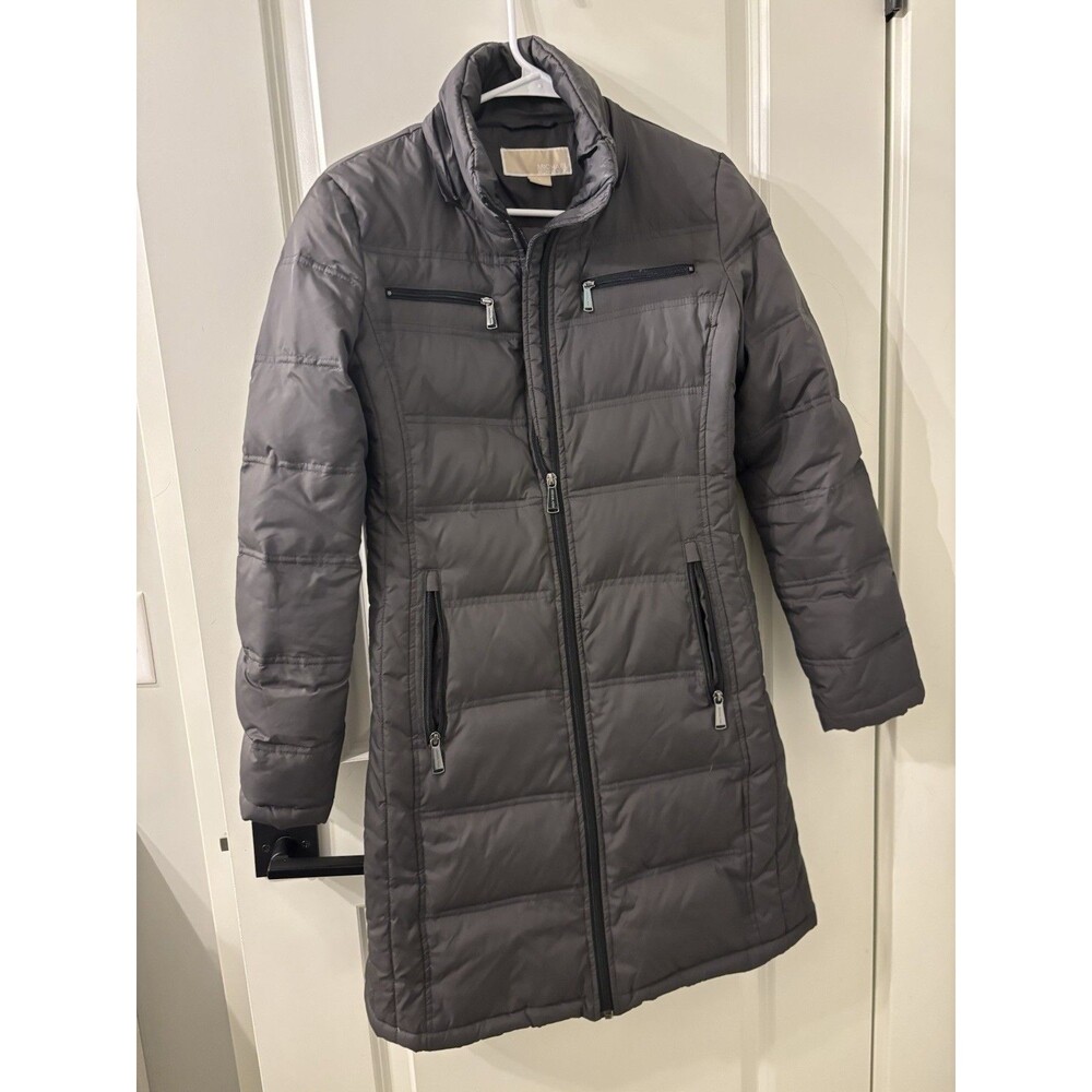 Michael Kors Charcoal Gray Long Quilted Down Puffer Coat Packable Jacket XS